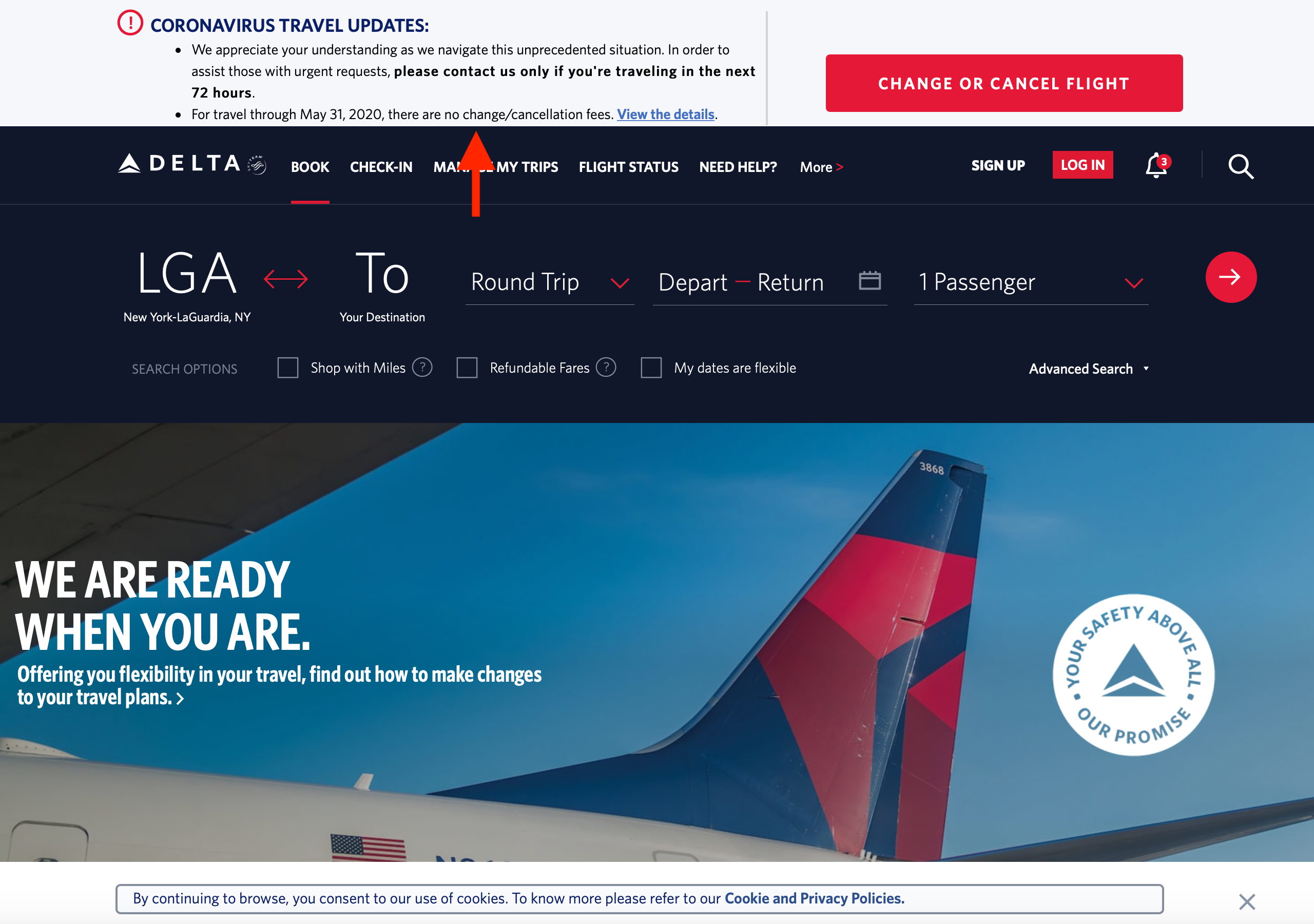 Finding a Travel Waiver on Delta.com Screenshot
