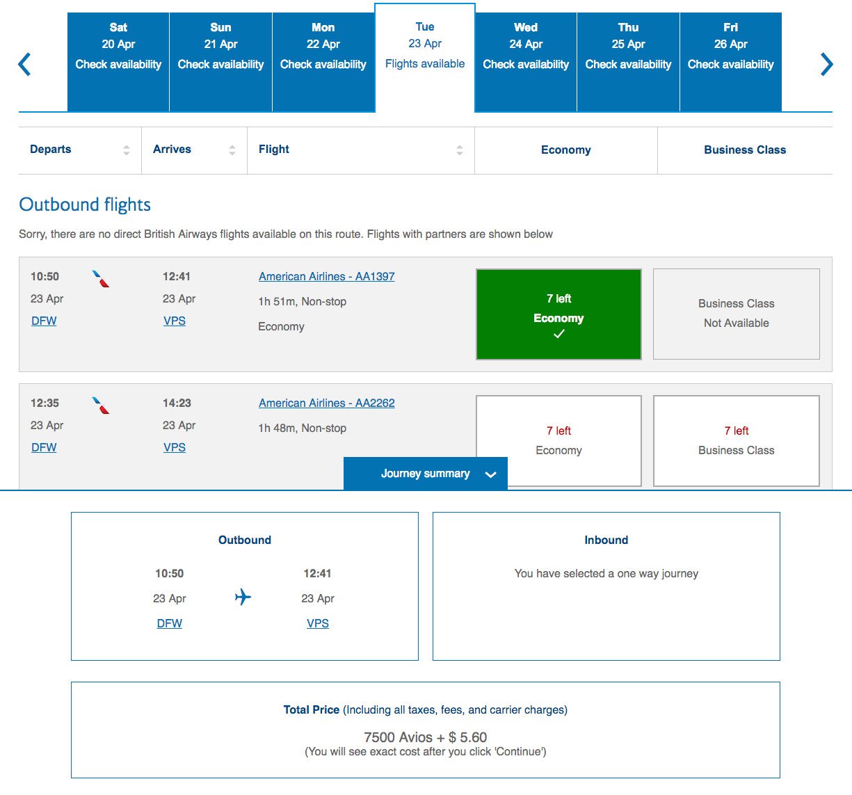 British Airways distance-based chart
