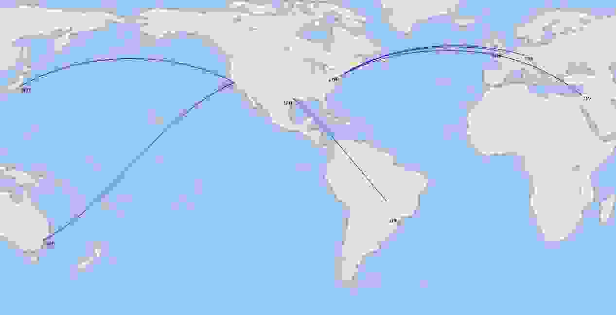 United Airlines international long-haul routes in April, as of March 23. (Image by Cirium)