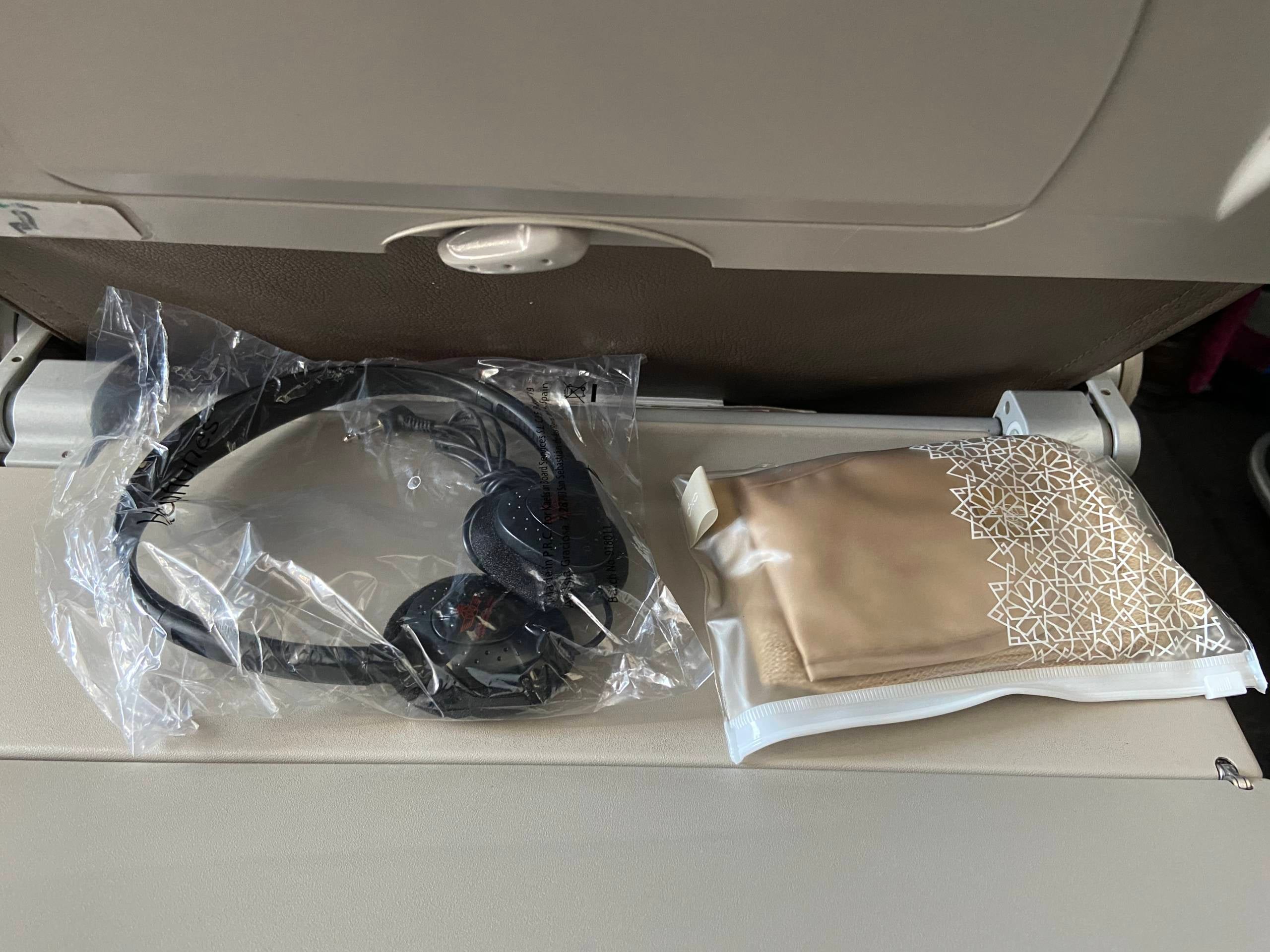 Royal Air Maroc's economy class headphones and amenity kit.