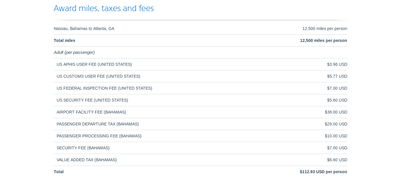 Sample taxes and fees on an off-peak America Airlines award from NAS to ATL.