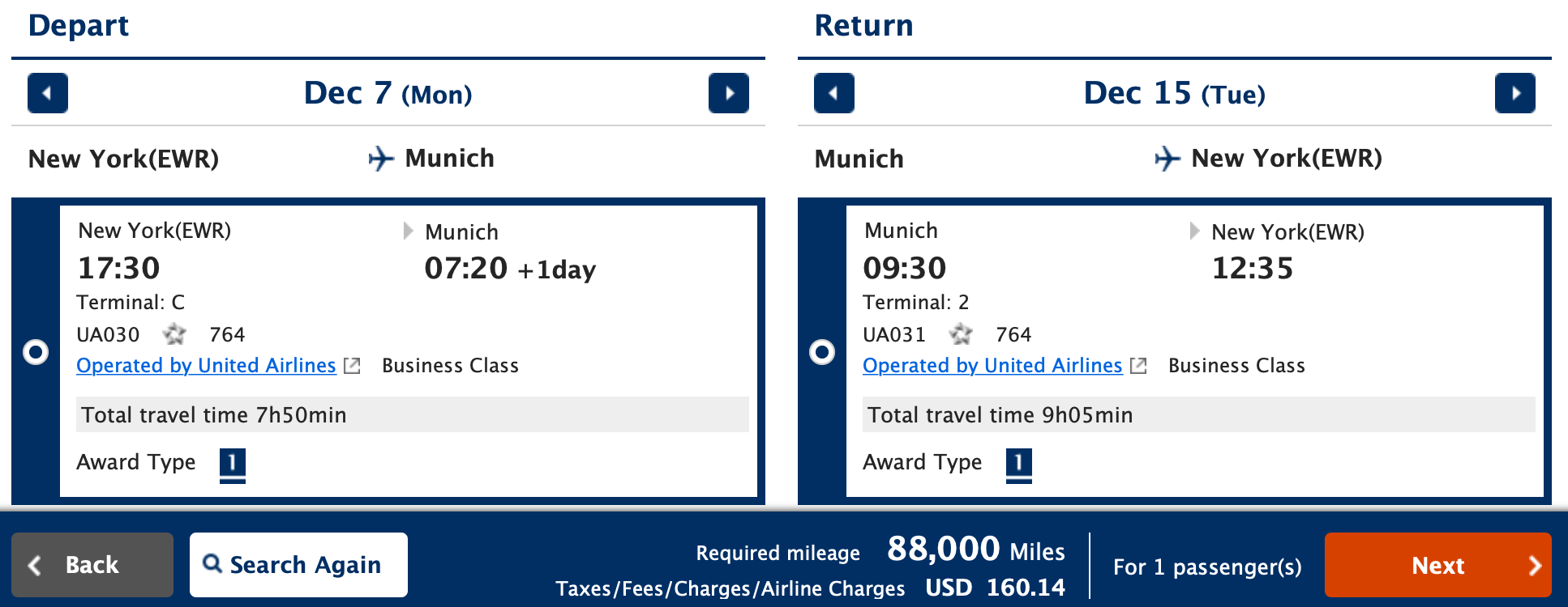 ANA Booking Screenshot EWR MUC