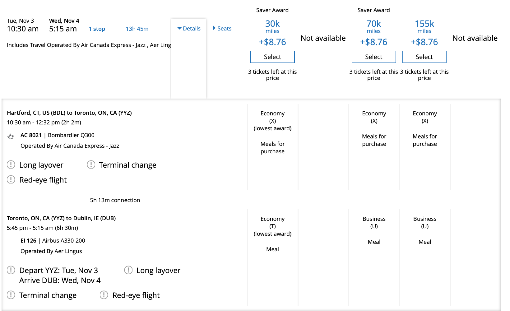 BDL to DUB via YYZ Pricing Air Canada