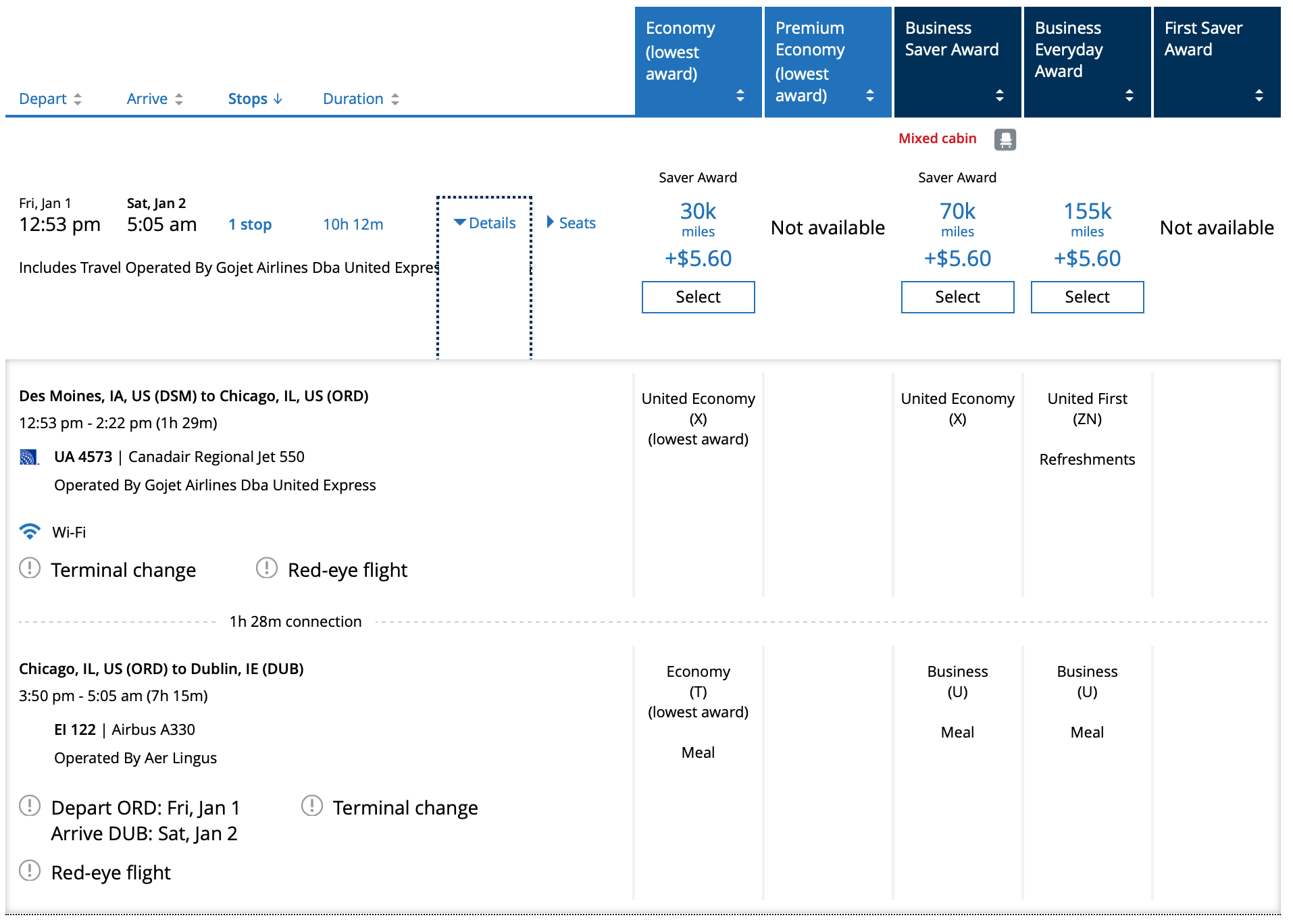 Booking DSM to DUB with United miles screen shot
