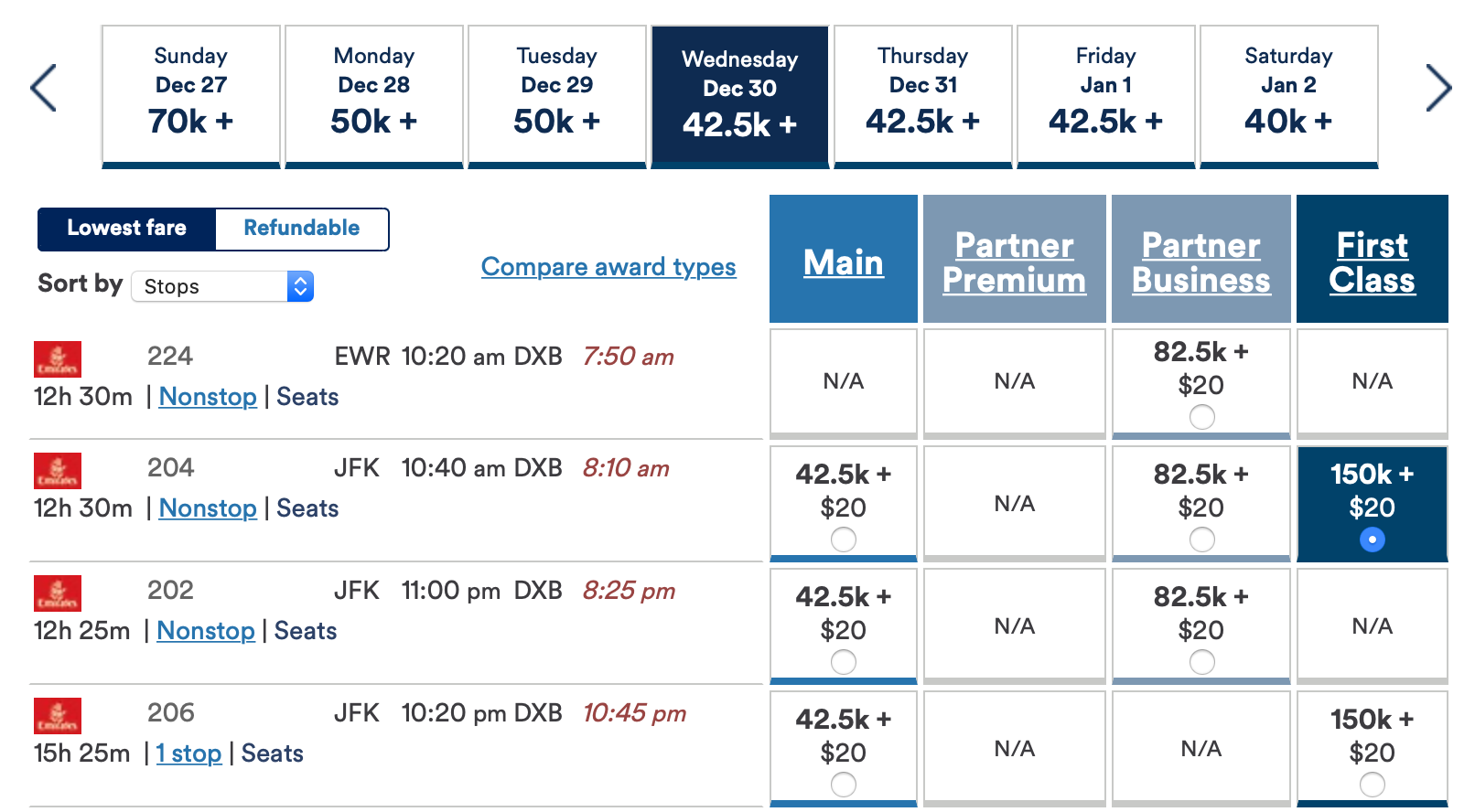 Booking NYC to DXB with Mileage Plan screen shot