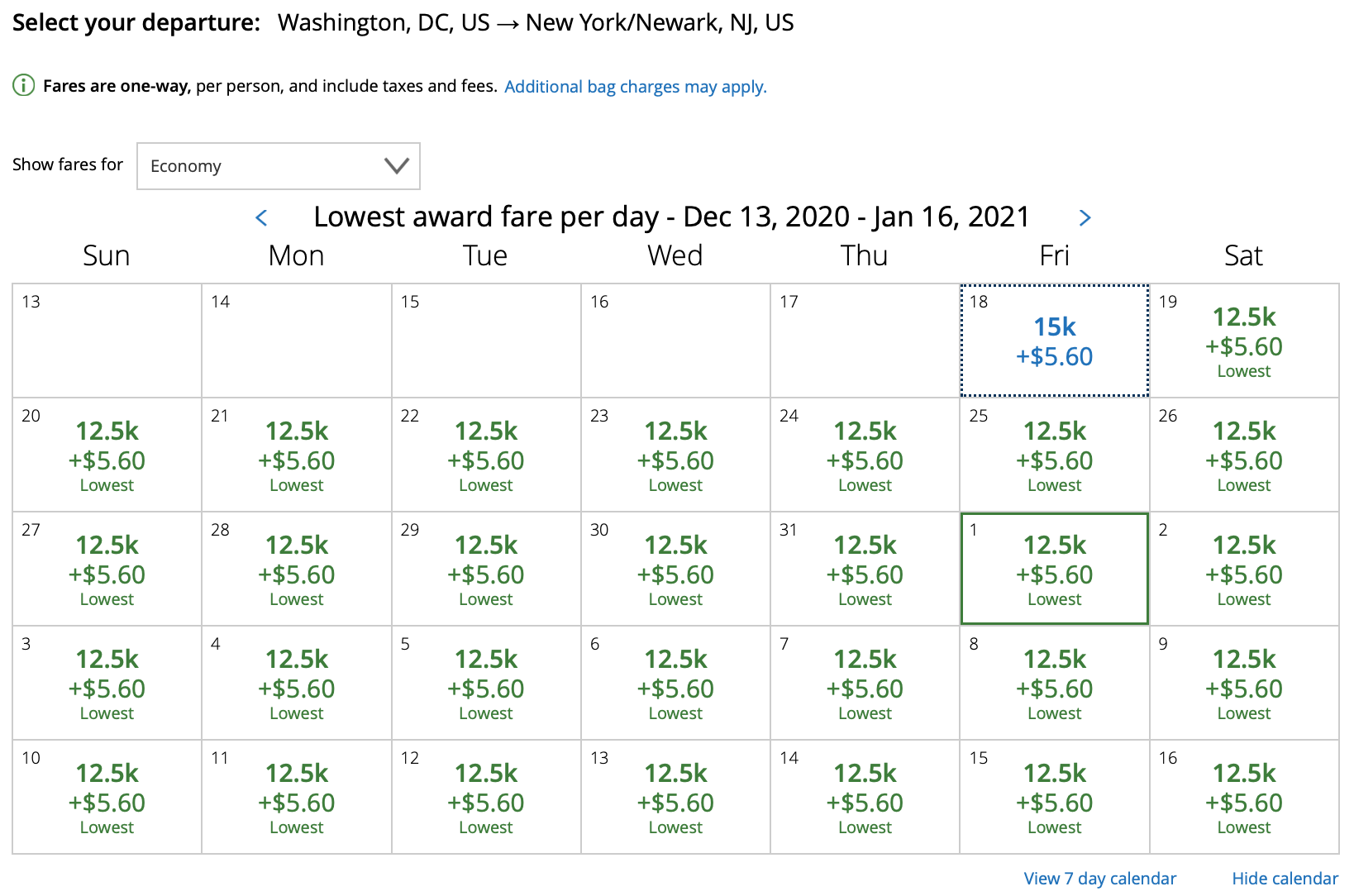 DCA EWR United Award Pricing