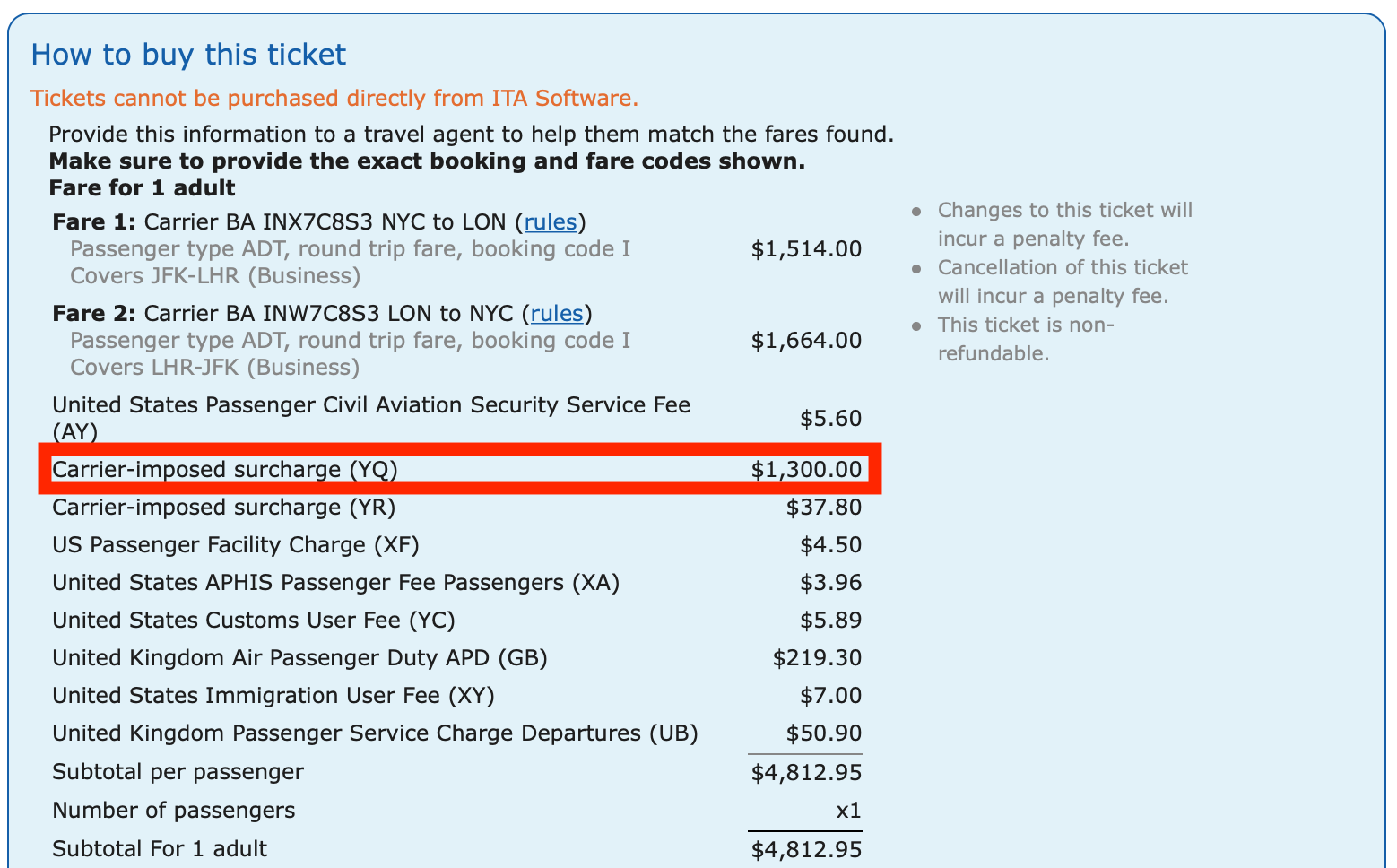 Fuel Surcharges on ITA Matrix for British Airways Ticket Screen Shot