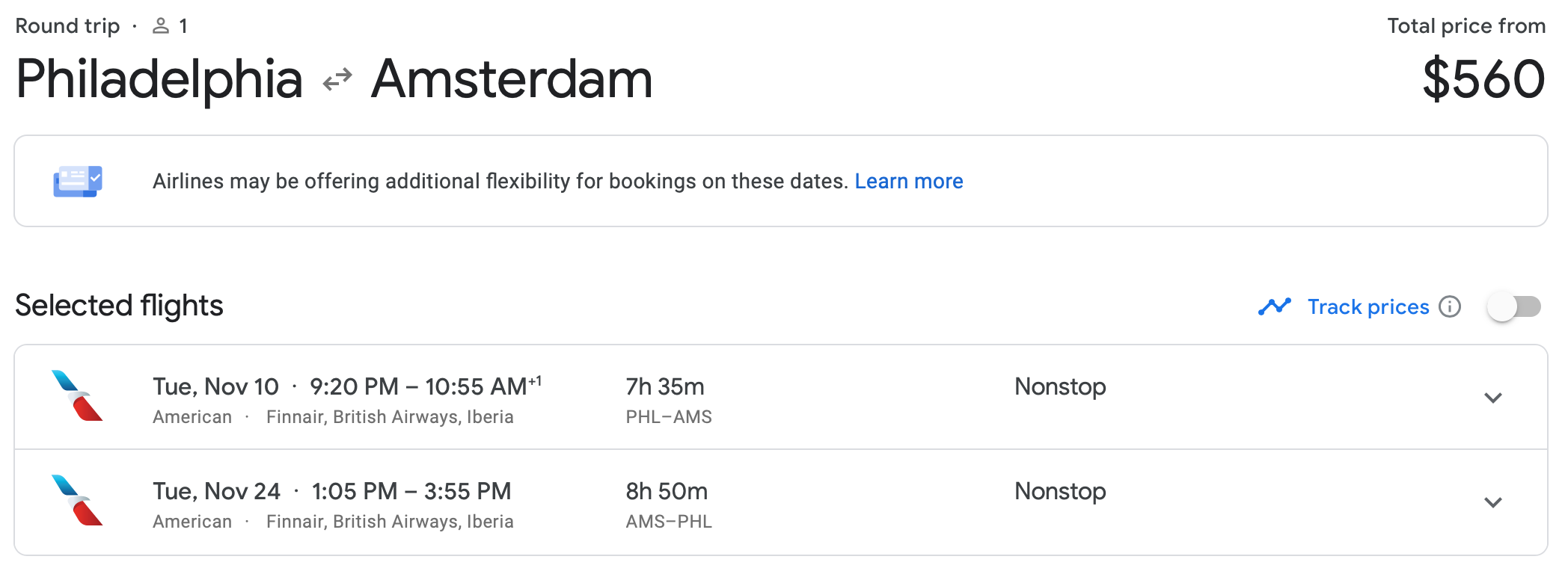 Google Flights PHL AMS Ticket American Airlines