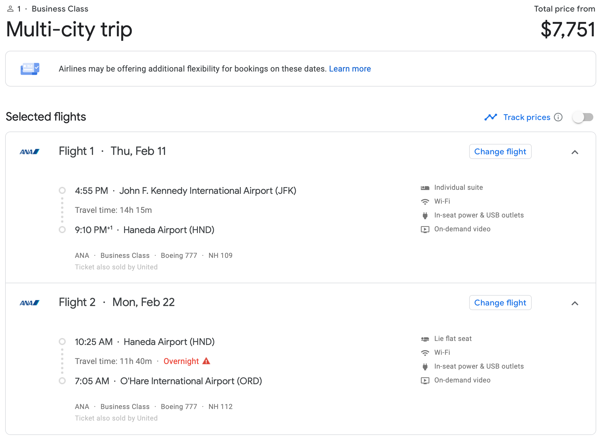 JFK-HND-ORD Ticket Cost