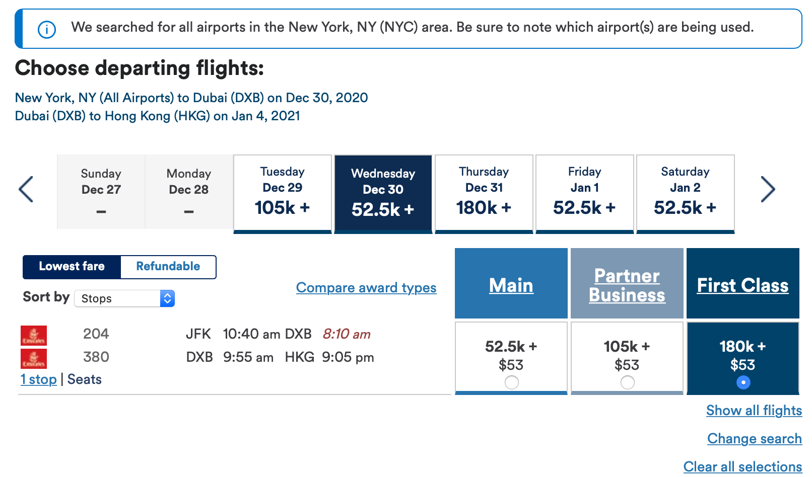 JFK to HKG via DXB Mileage Plan booking screen shot