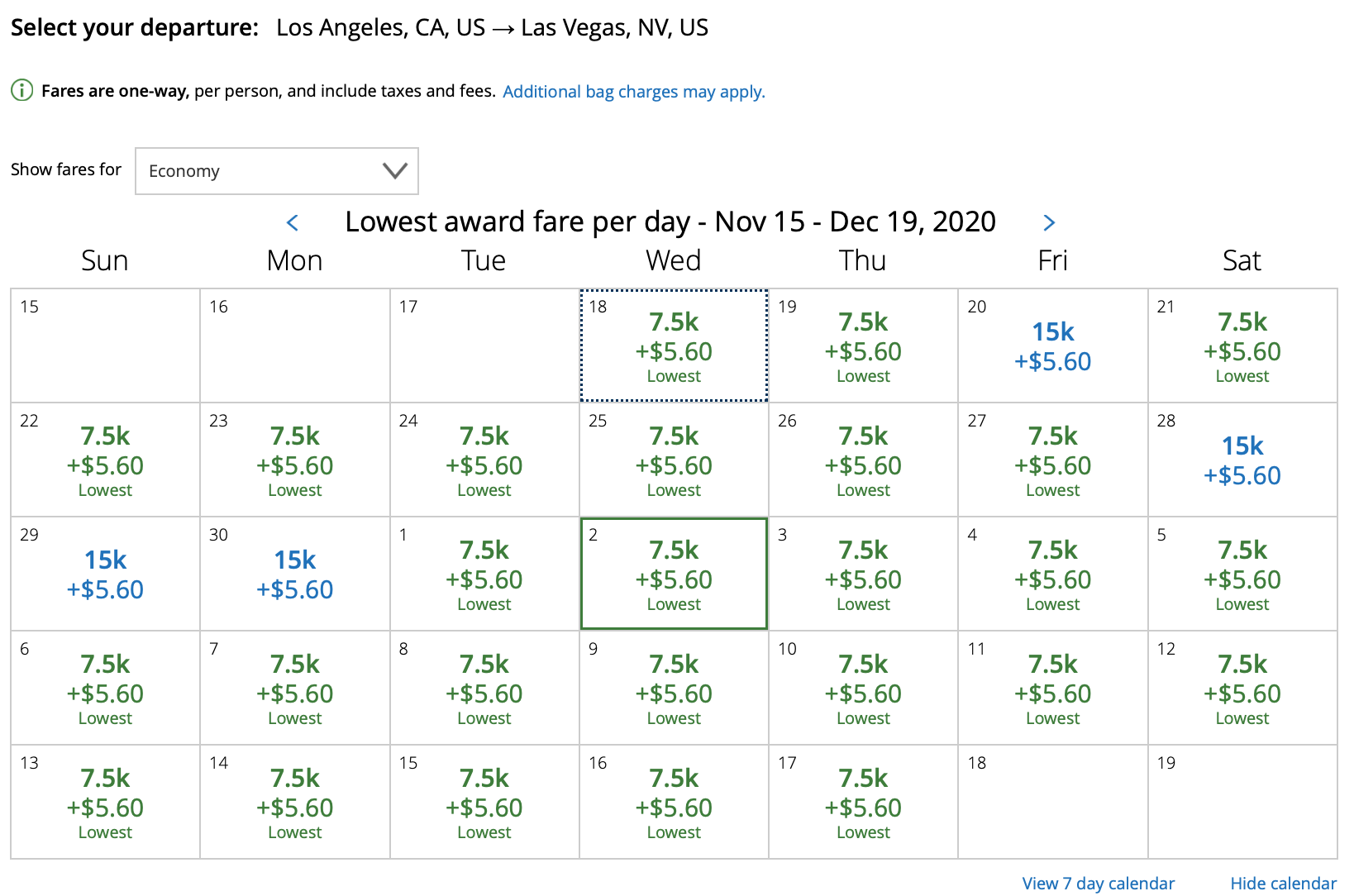 LAX LAS Flight Award Pricing UA