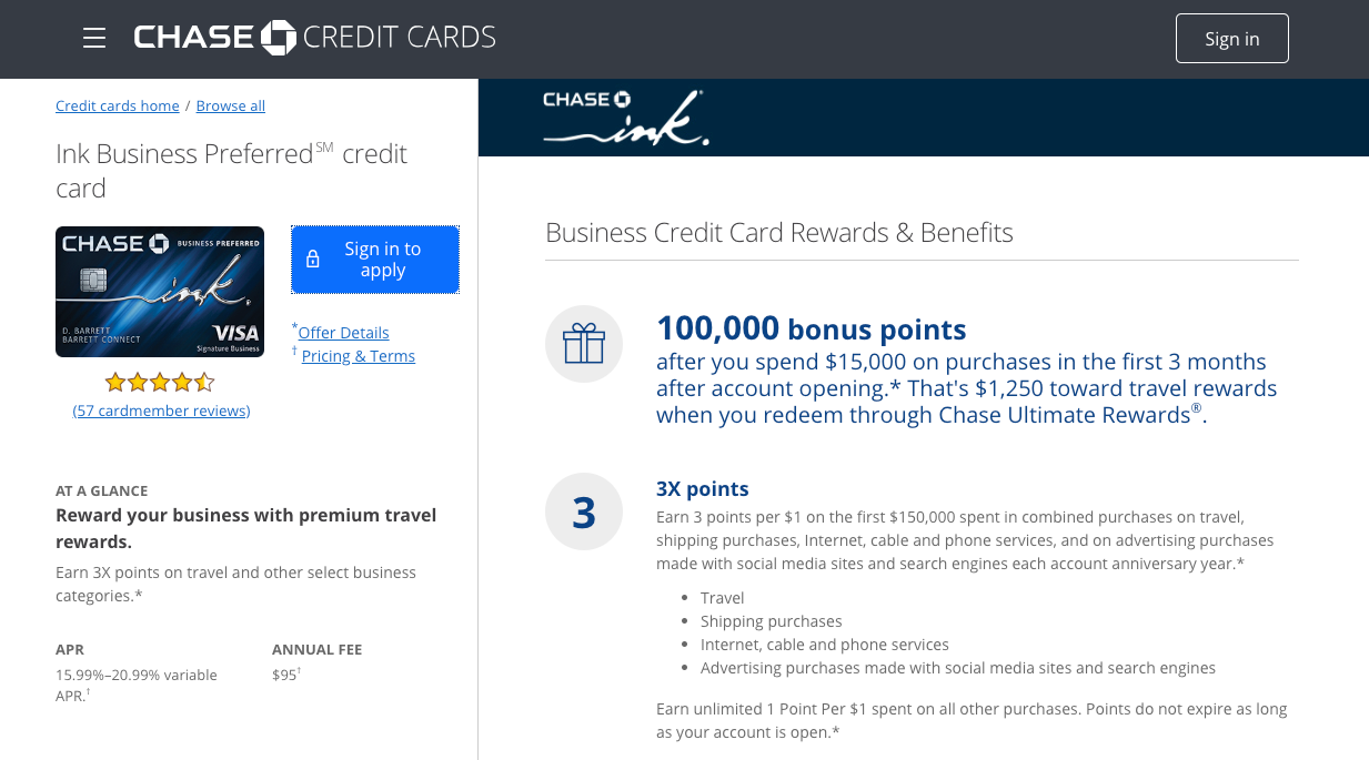 Screenshot of Chase Ink Business Preferred application page