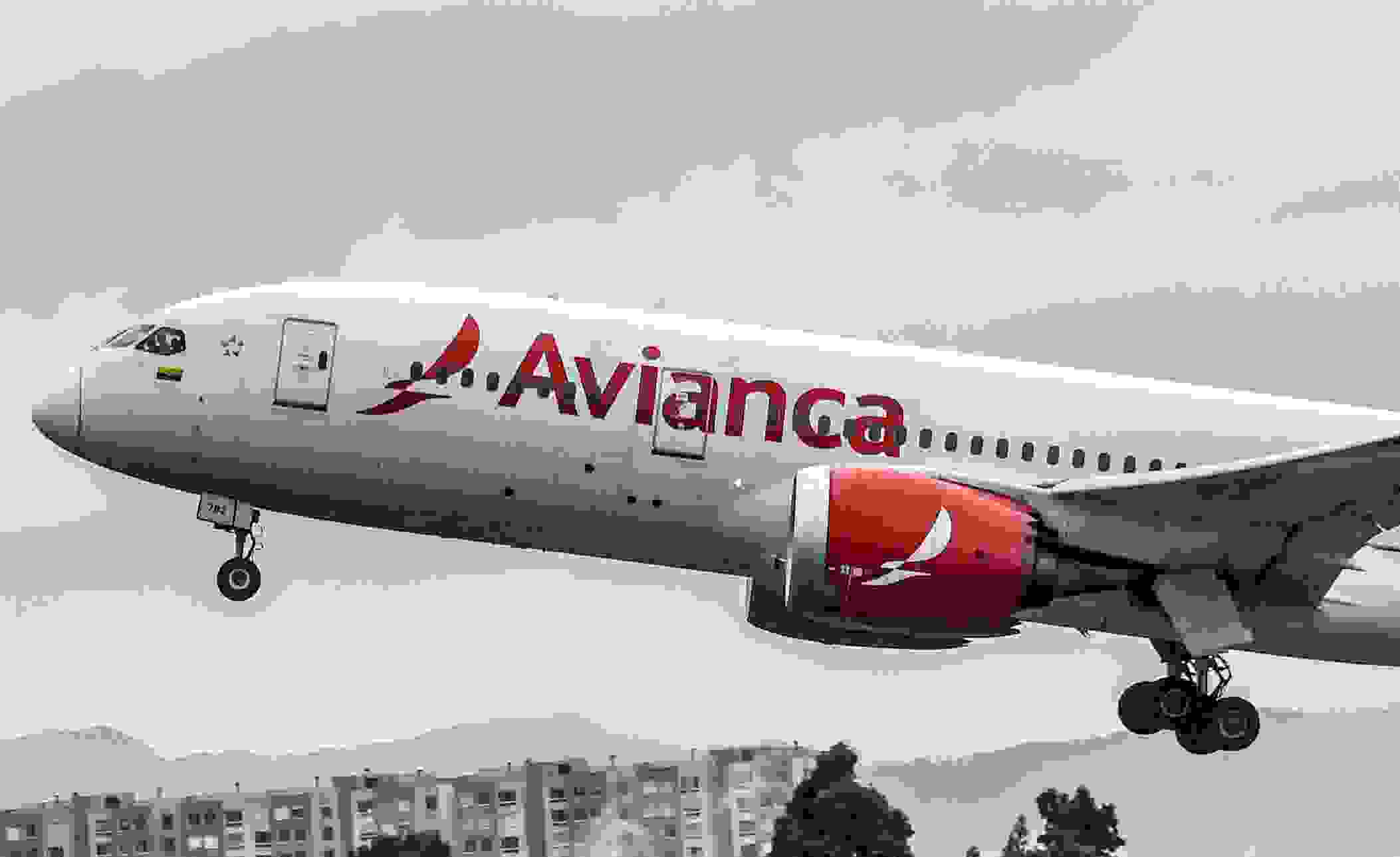 An aircraft of Colombian company Avianca lands at El Dorado International Airport in Bogota on August 28, 2019. - Avianca Holdings, the largest airline in Colombia and the second largest in Latin America, denied being bankrupt on August 27 after a leaked video in which the president of the board of directors ensures that the company is "broken" went viral in social media. (Photo by Juan BARRETO / AFP) (Photo credit should read JUAN BARRETO/AFP via Getty Images)