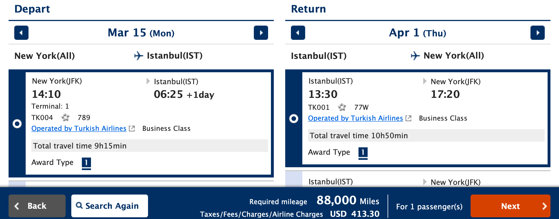 JFK-IST ANA Booking screen shot