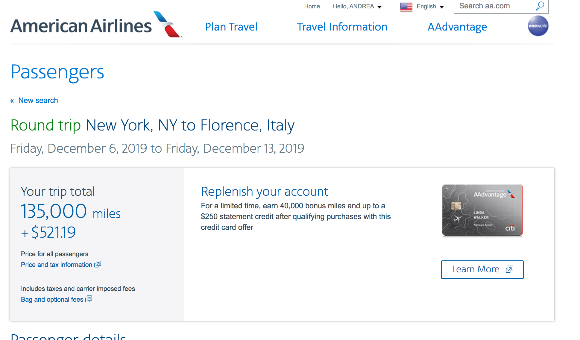 American Airlines Advantage miles JFK to Florence