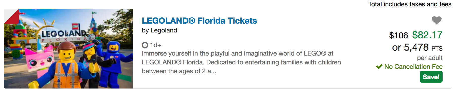 Legoland Florida tickets from Chase travel portal