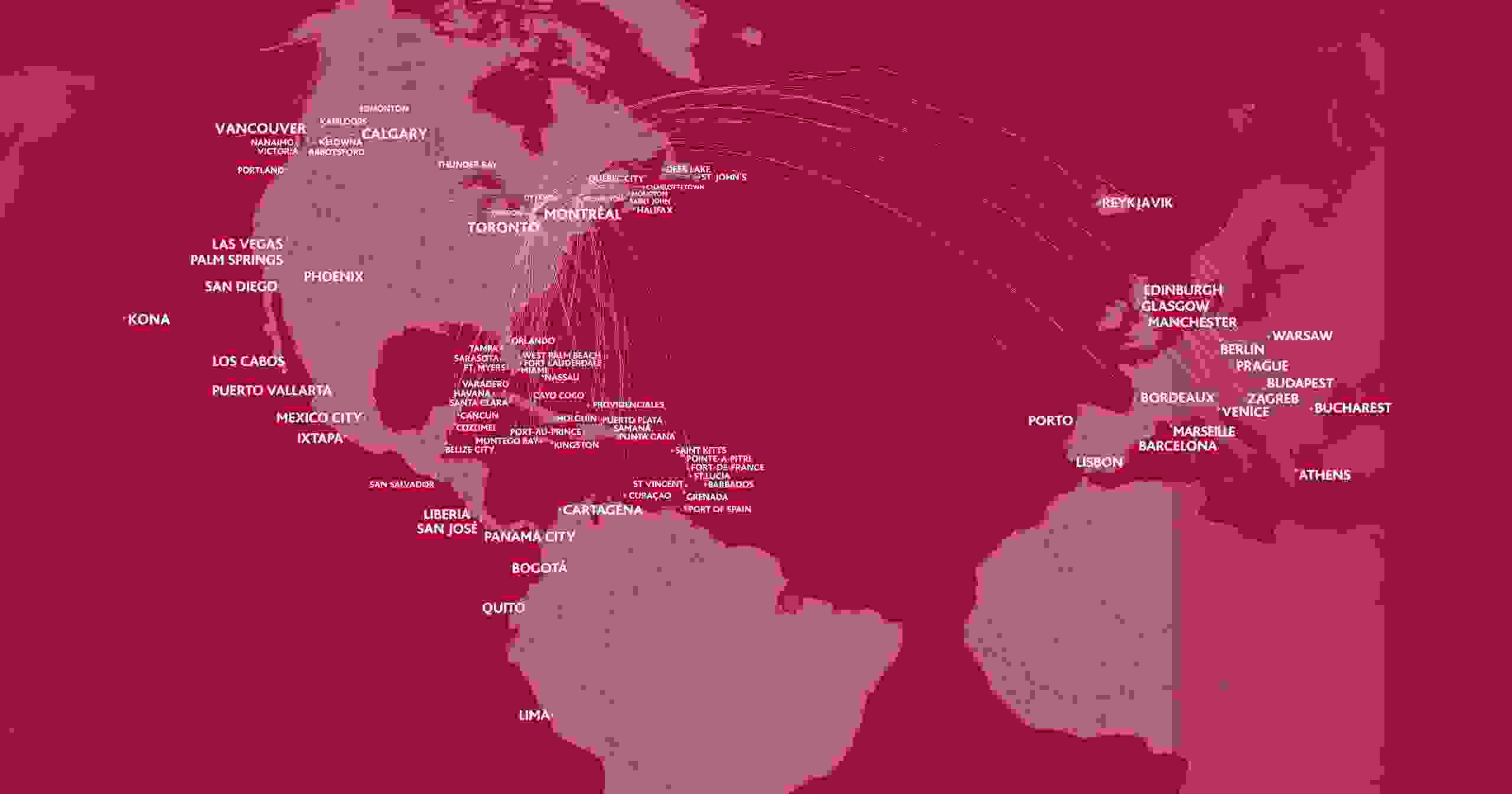 The Air Canada Rouge route map prior to the coronavirus pandemic. (Image courtesy of Rouge)