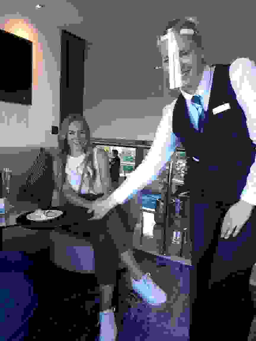Crew in the restaurant, bar and saloon on the NickoVISION are wearing face shields. (Photo courtesy of Nicko Cruises).