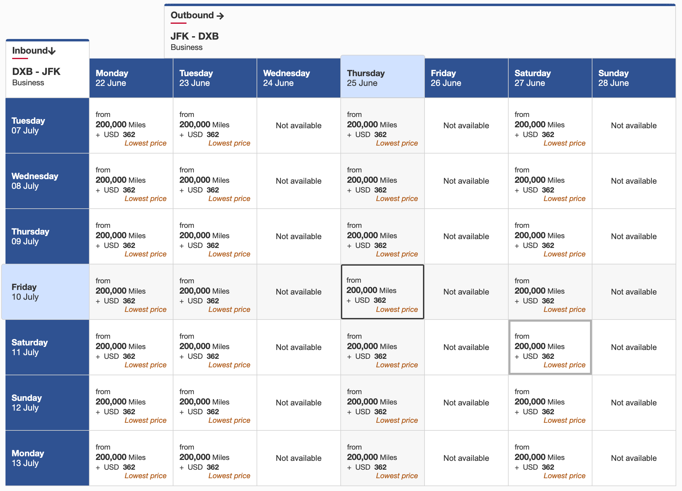 Award Space DXB JFK Emirates