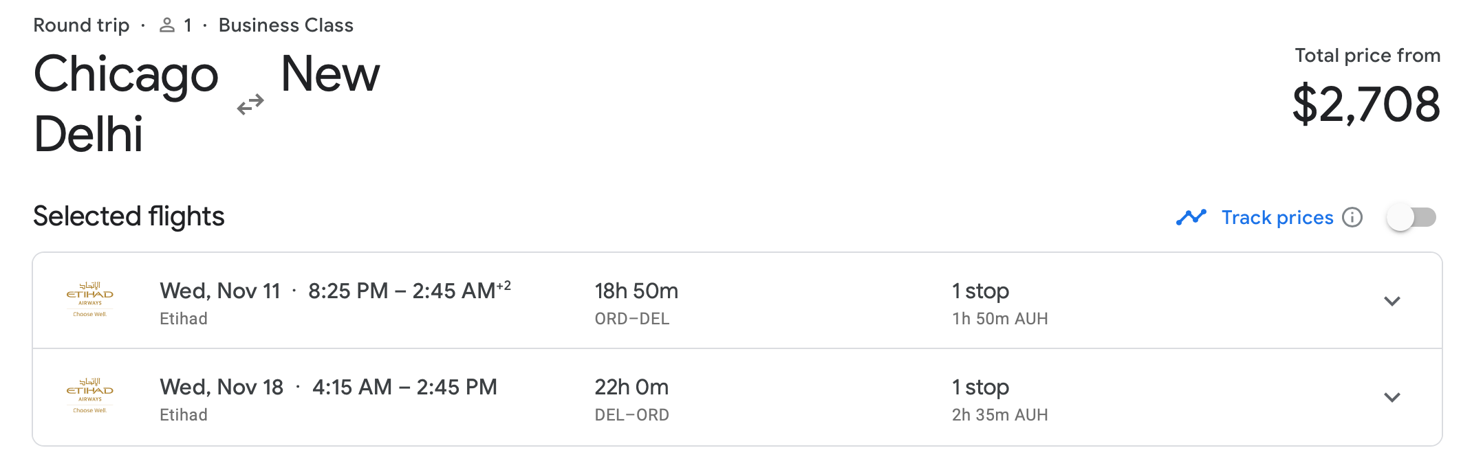 Chicago to Delhi with Etihad