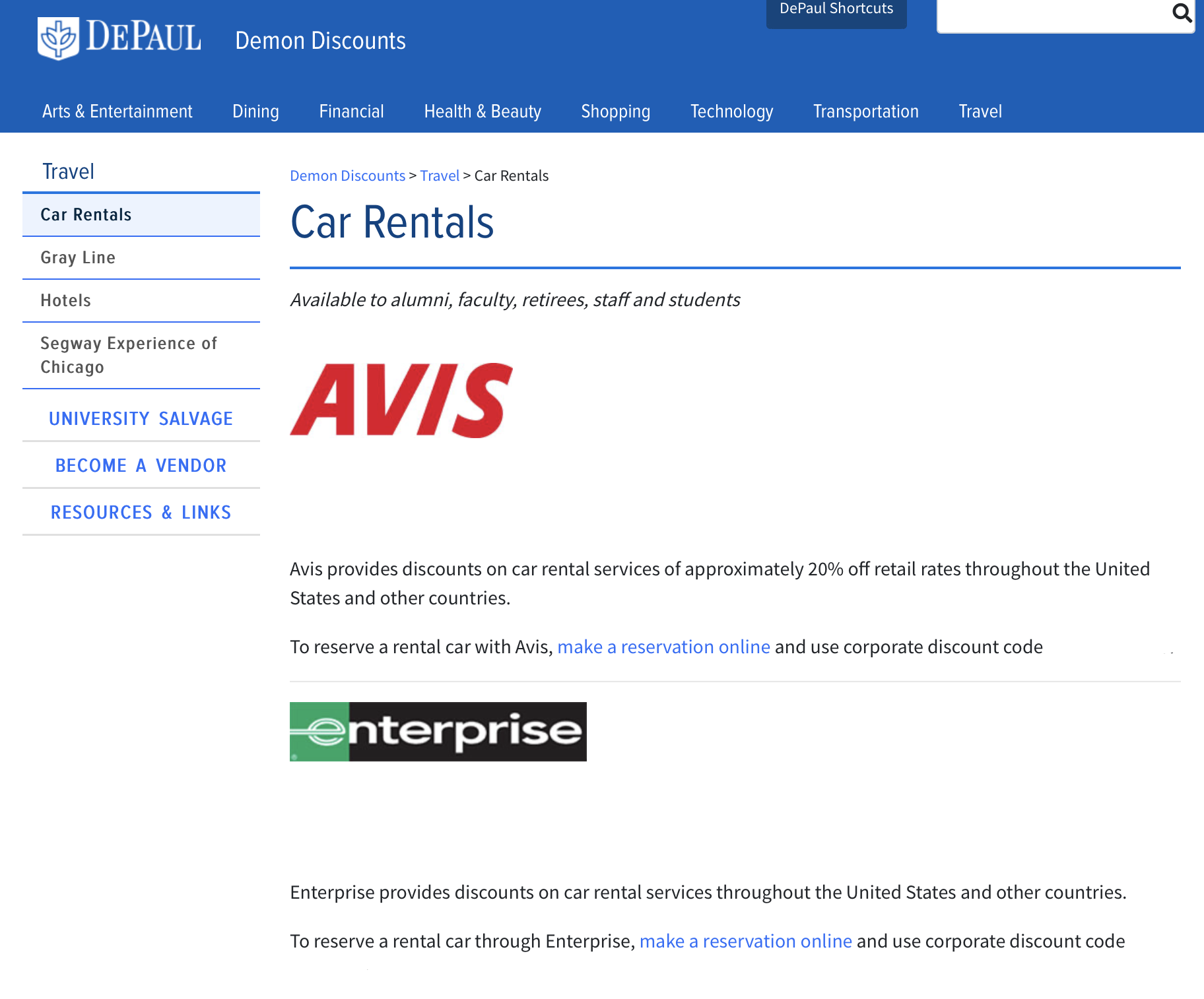 DePaul University rental car discount page