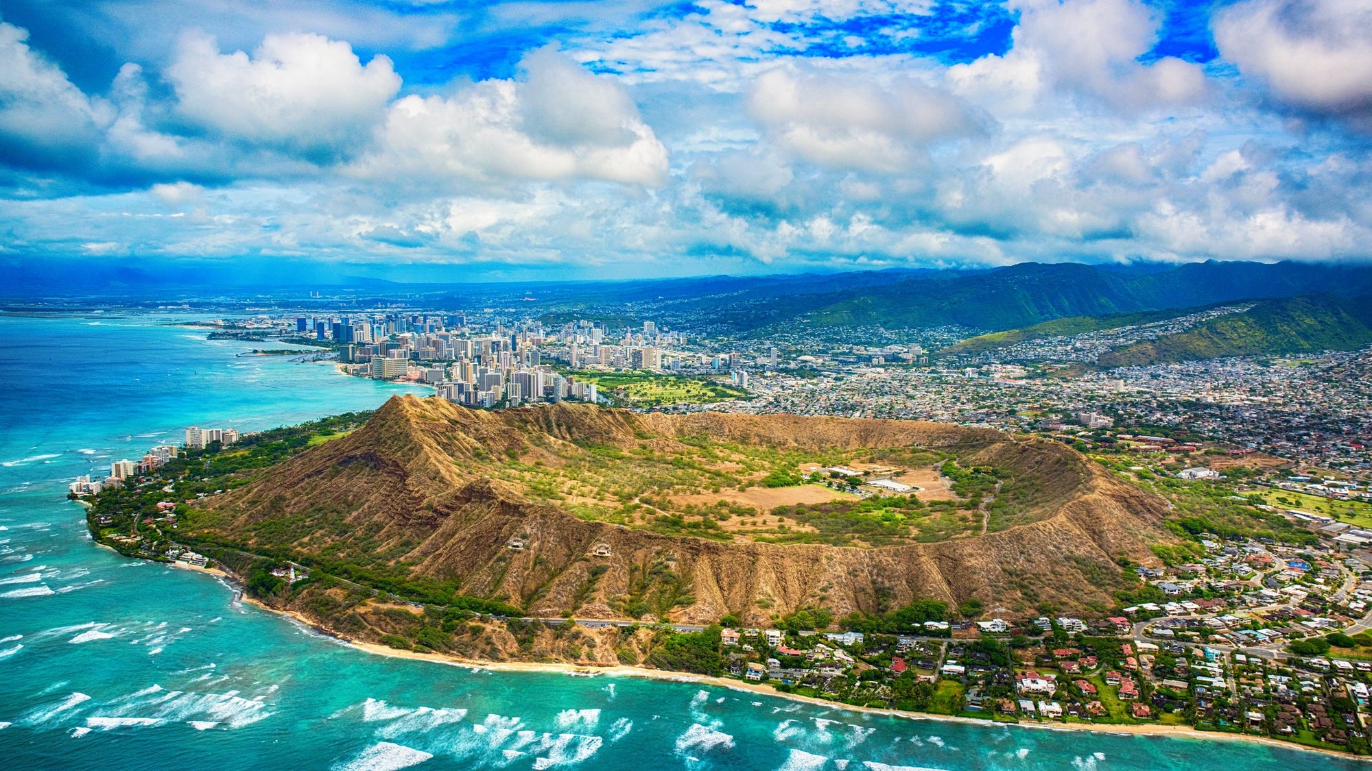 Aerial of Honolulu Hawaii Beyond Diamond Head