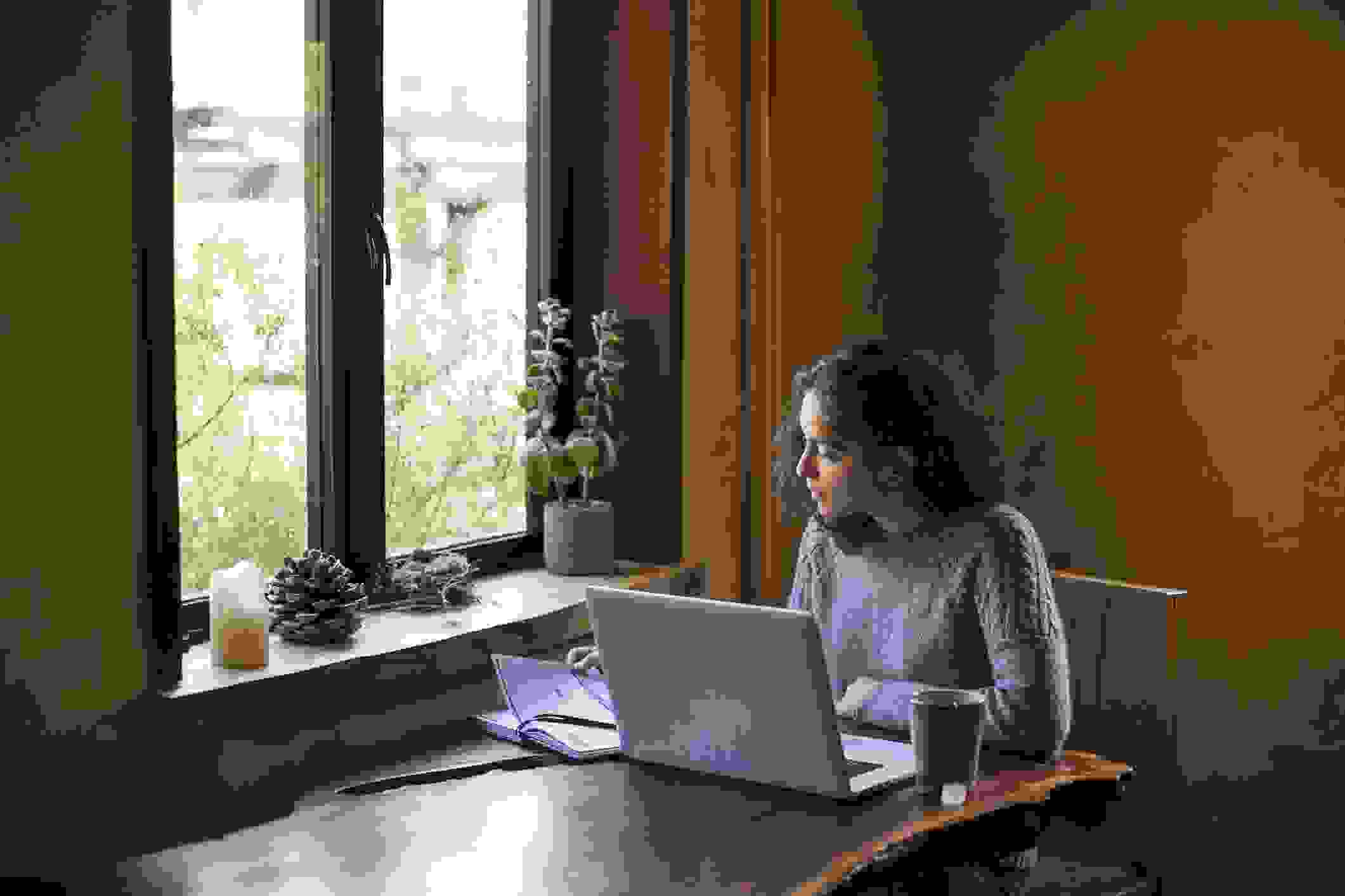 Sitting next to a window, embraced by natural light, this determined young adult (mixed-race) woman is working from home on a tight deadline. She is leaning in and focused to finish her project. Prominent laptop computer, a reference book, and mug of tea on a natural-edged redwood slab table complete her workspace. A houseplant, pine cone, and candle sit on the window sill. Outdoors: yellow flowers, foliage and daylight are visible in soft focus. Young woman wears a cozy gray wool sweater and has dark brown, wavy hair. Natural light illuminates her workspace and her profile. She appears to be turning the page of the reference book, while reading.