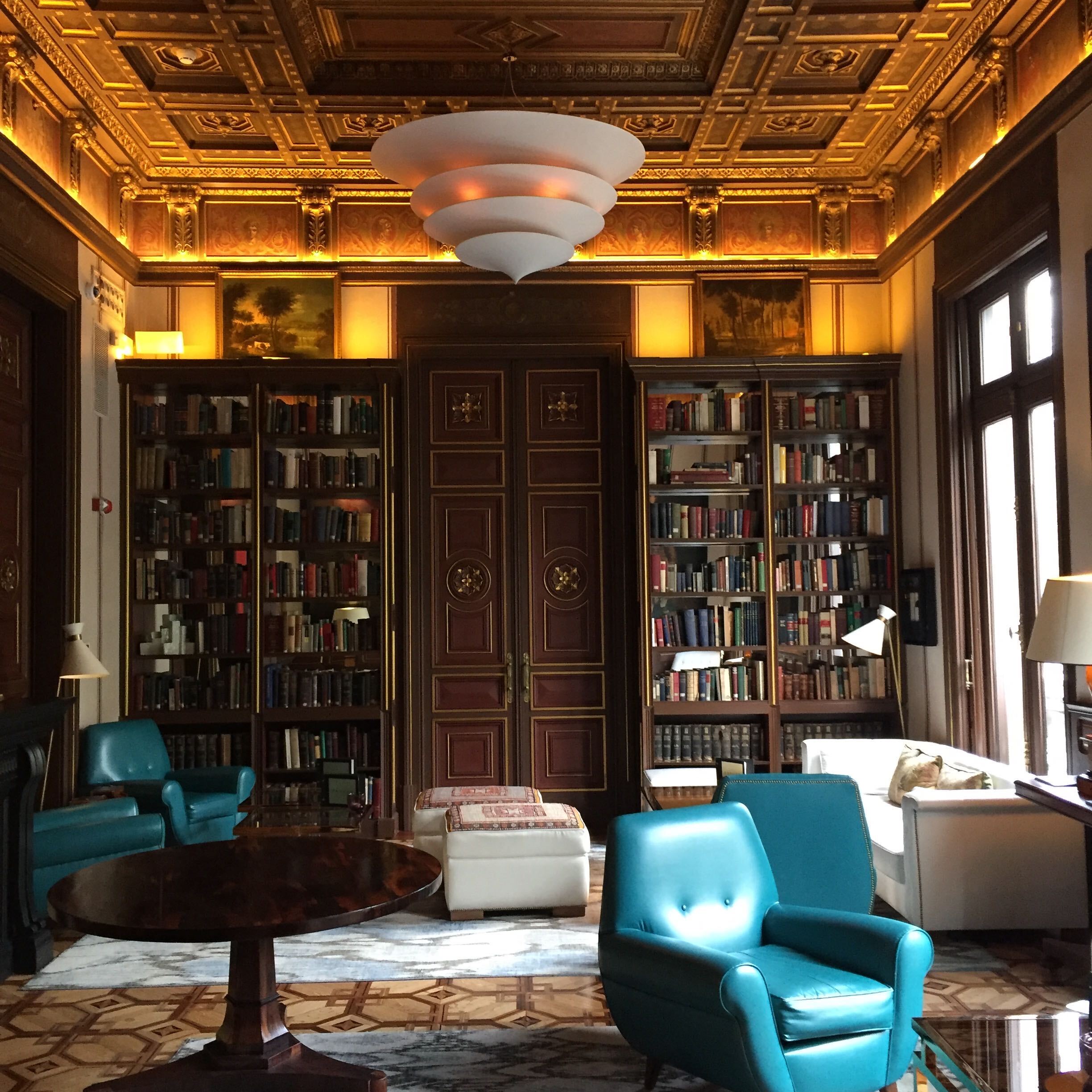 a seating area in a hotel lobby