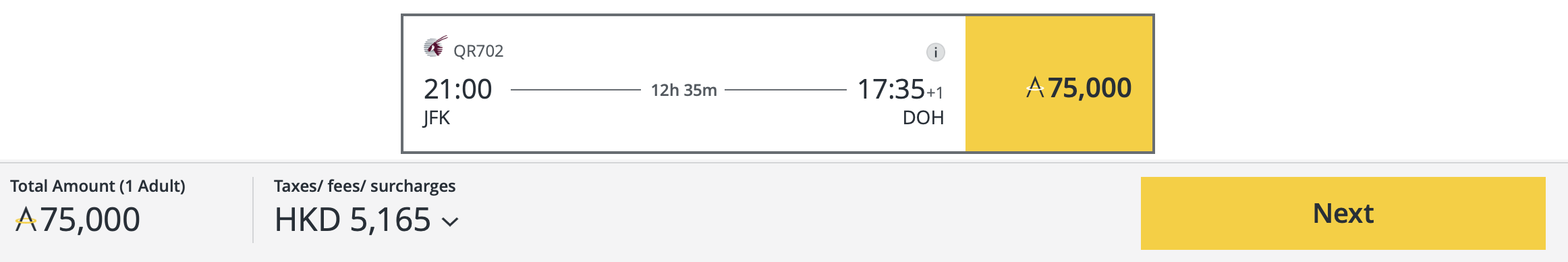 JFK to Doha Pricing with Surcharges Asia Miles