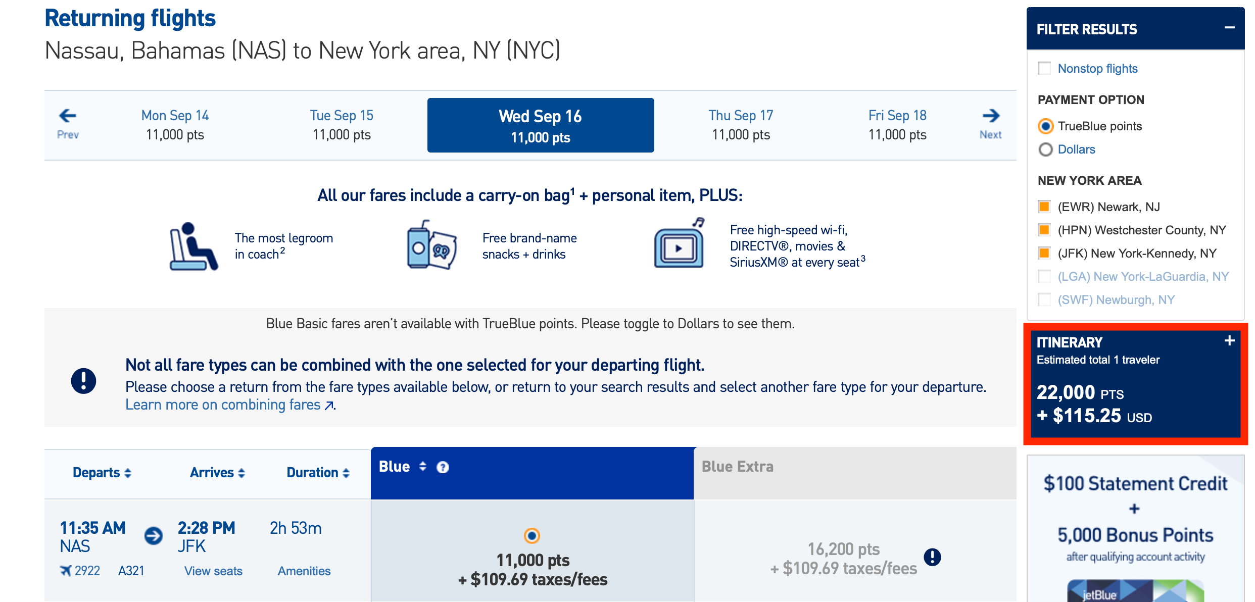 JetBlue Award Ticket JFK NAS