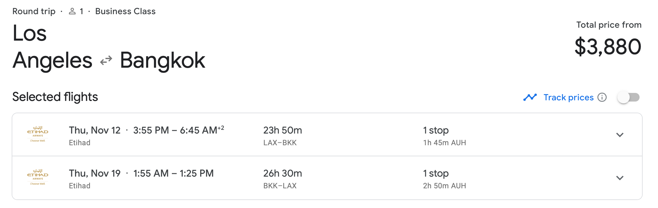 Los Angeles to Bangkok with Etihad