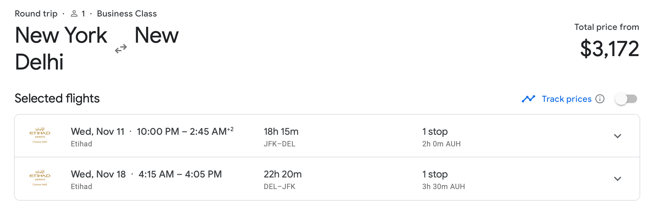 New York to Delhi on Etihad