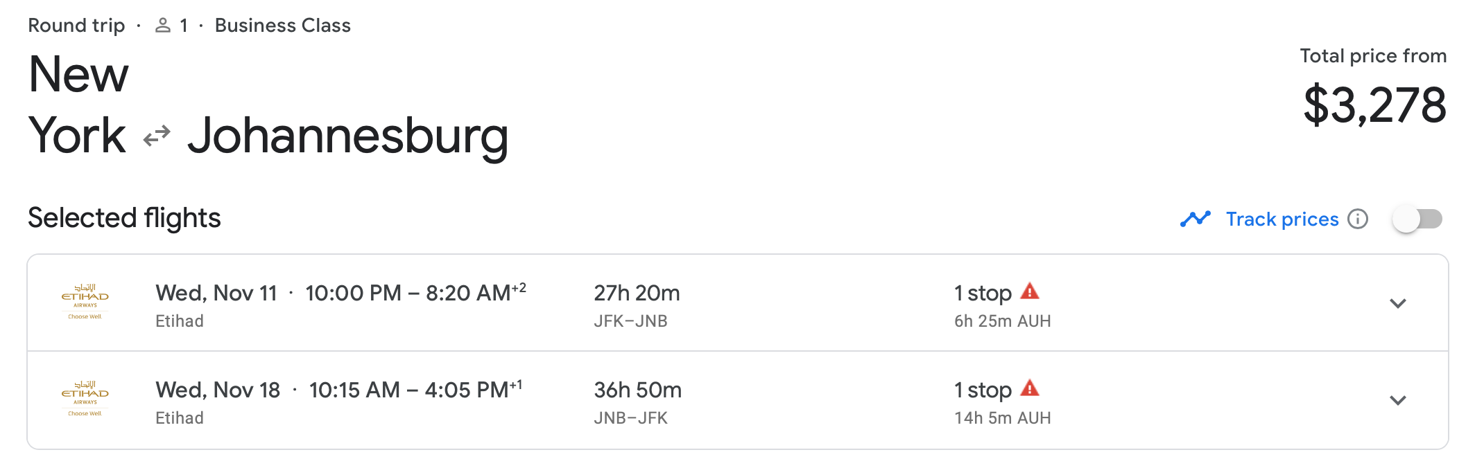 New York to Johannesburg with Etihad