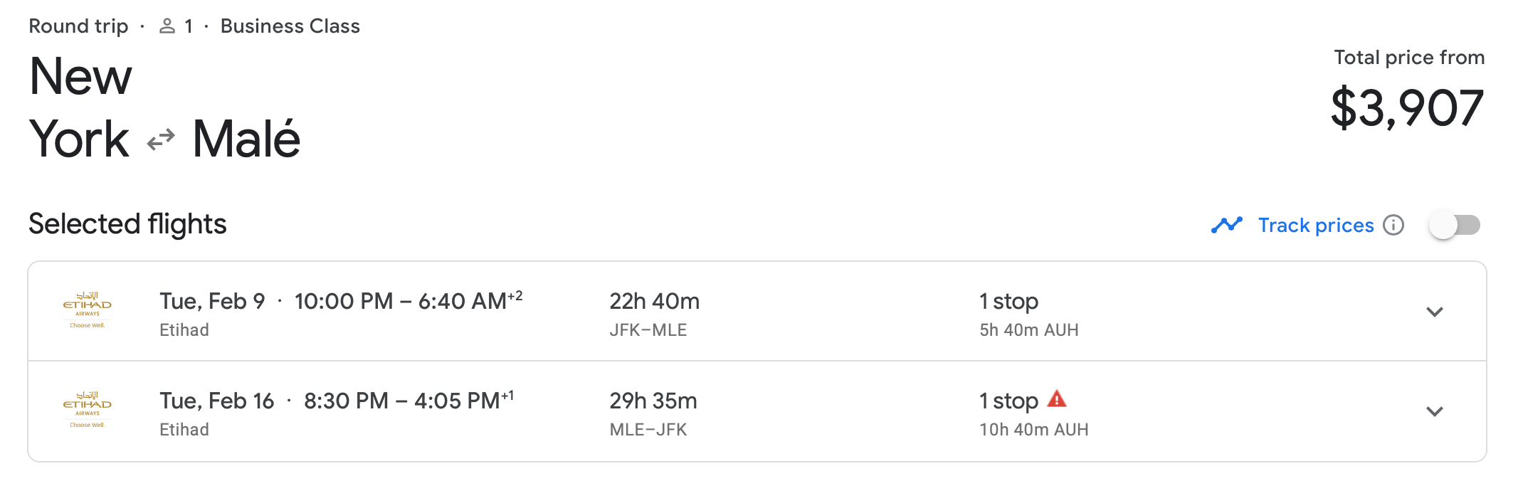 New York to Maldives Etihad