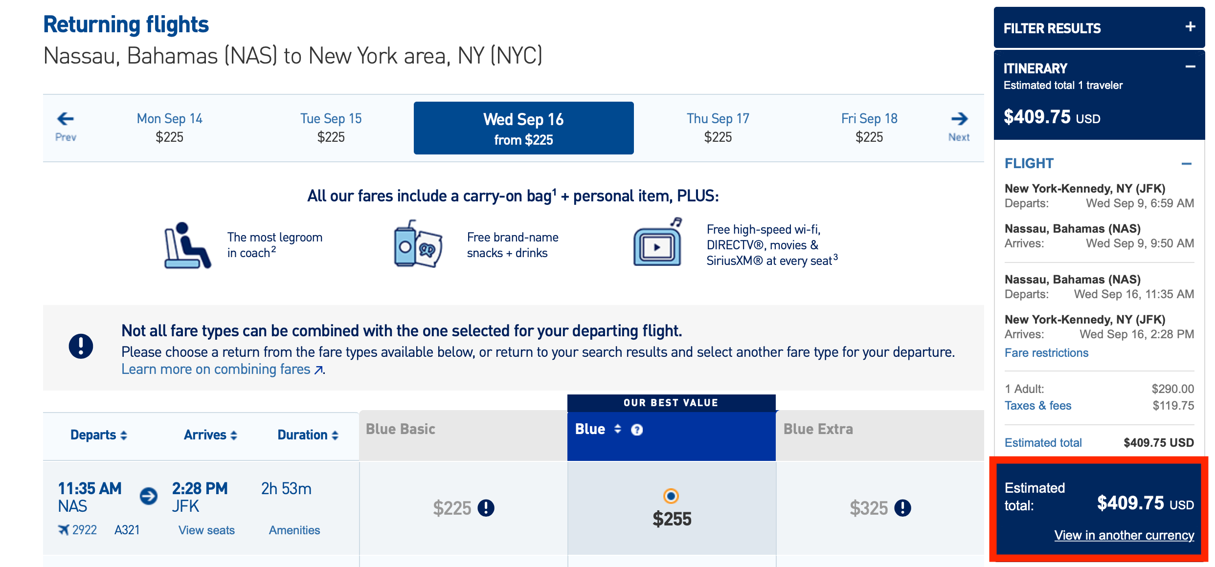 Paid JetBlue Flight JFK to NAS