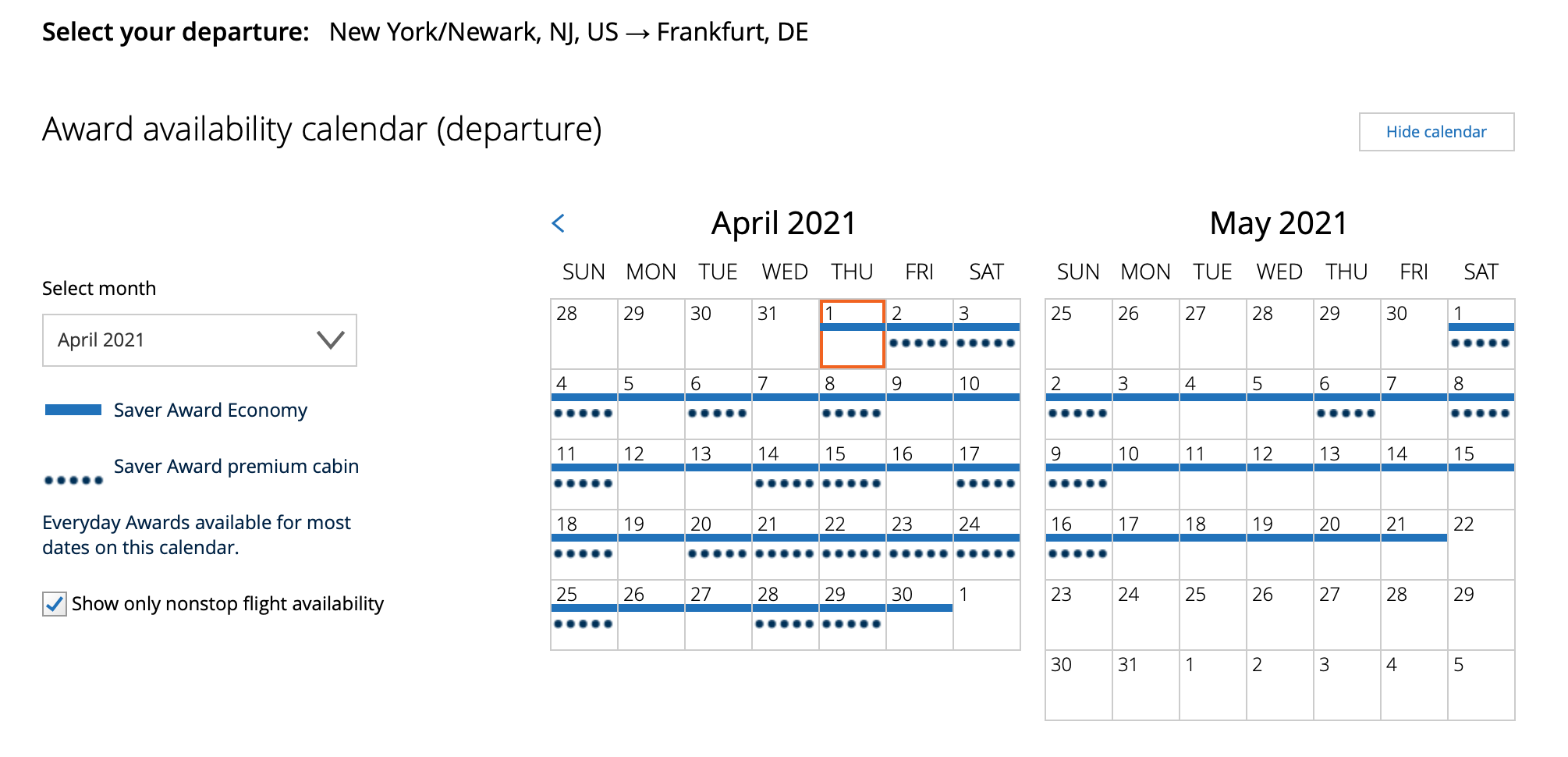 Viewing award space calendar on United.com