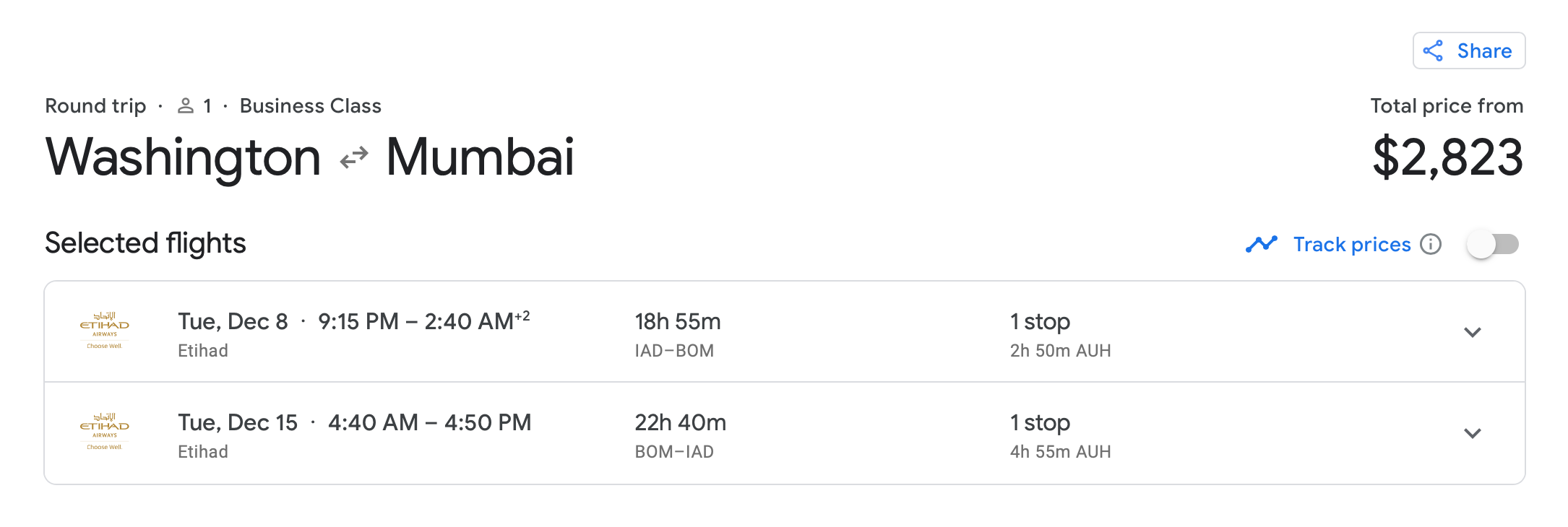 Washington DC to Mumbai in December on Etihad