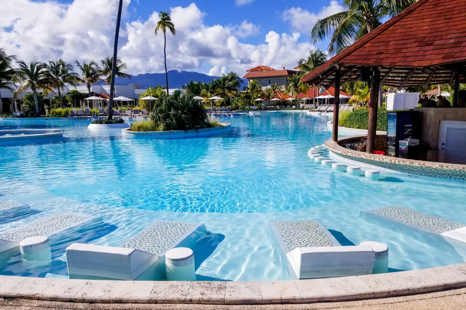 A luxury hotel pool surrounded by palm trees