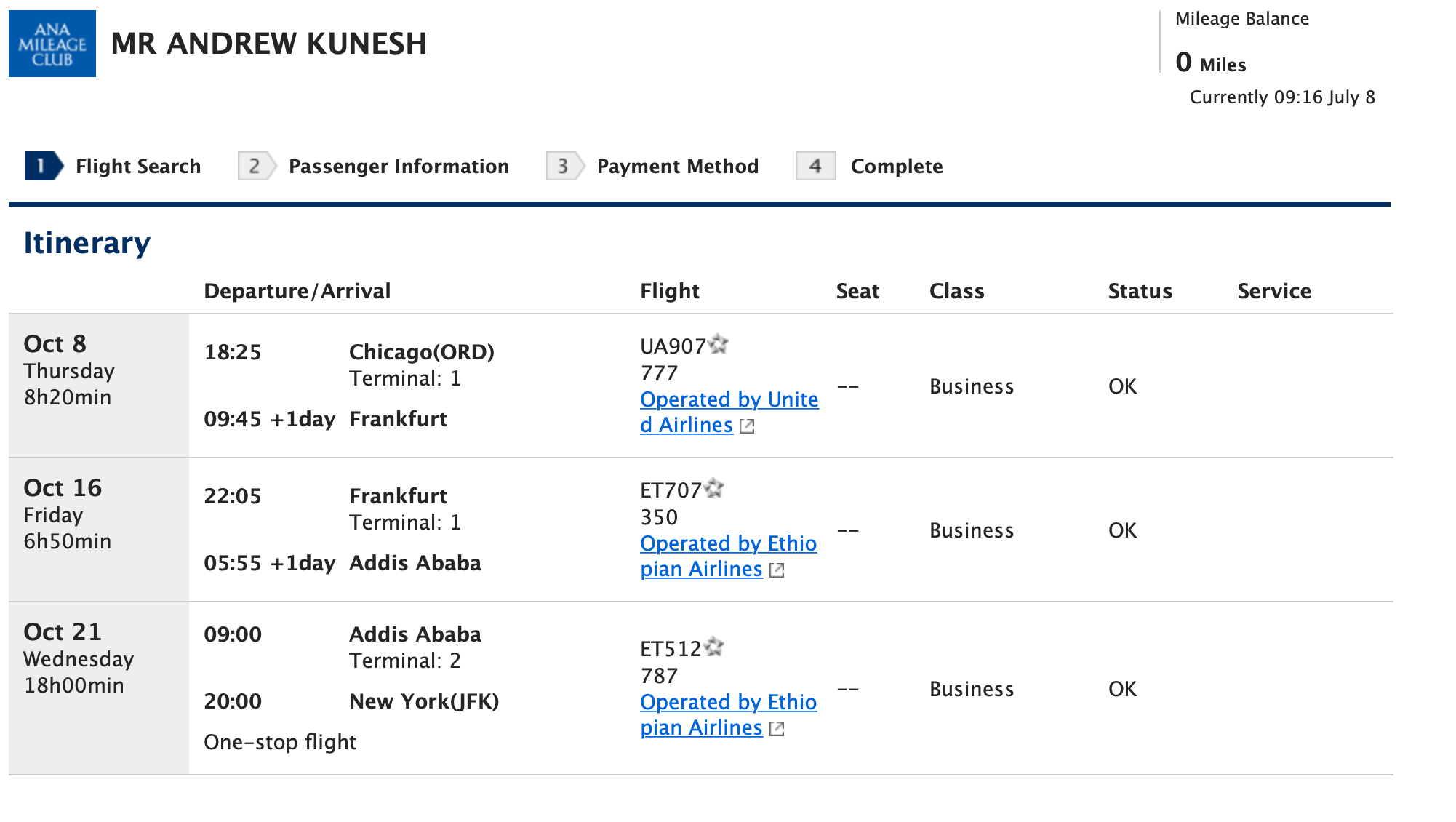 ANA Itinerary to Africa via Europe