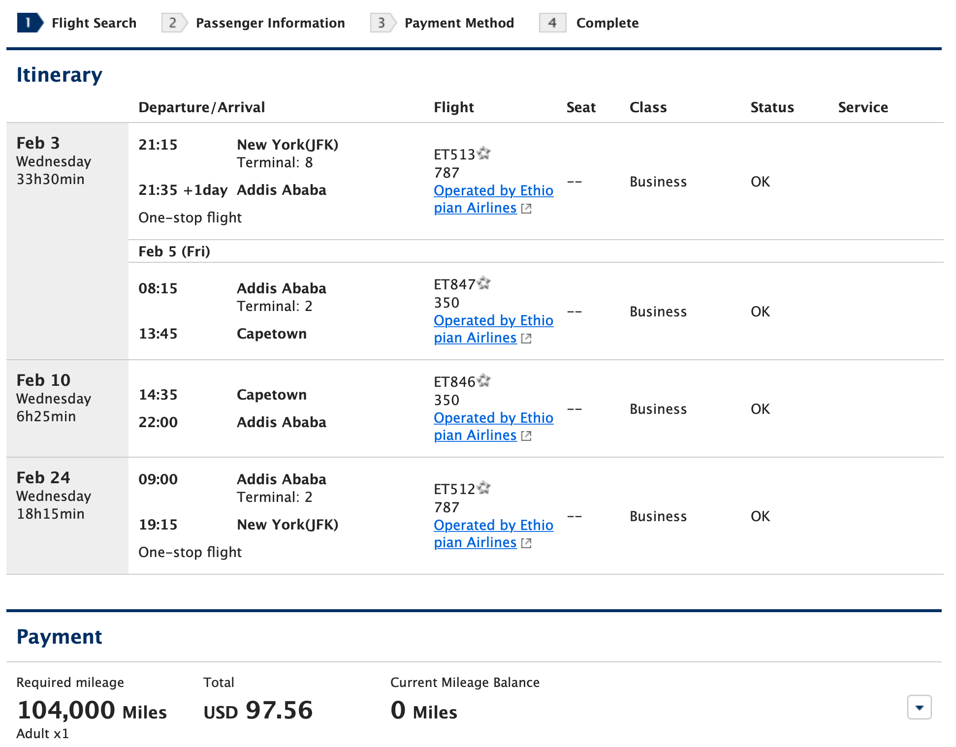 ANA Partner Award Ticket to Africa Example with Stopover and Open Jaw