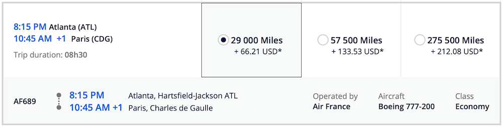 ATL CDG Flying Blue Pricing for Air France Flight Screen Shot