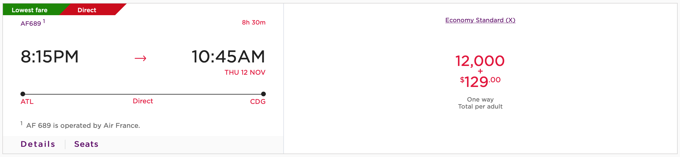 ATL CDG Virgin Atlantic Pricing for Air France Flight Screen Shot