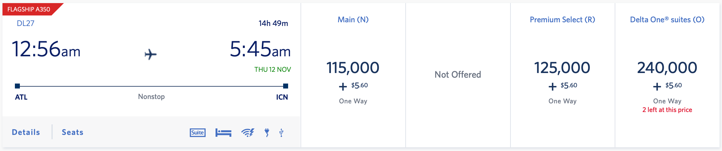 ATL ICN Delta SkyMiles Award Pricing Screen Shot