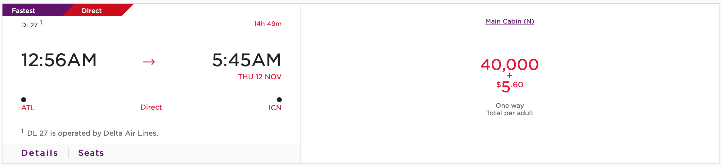 ATL ICN Virgin Atlantic Pricing for Delta Flight Screen Shot