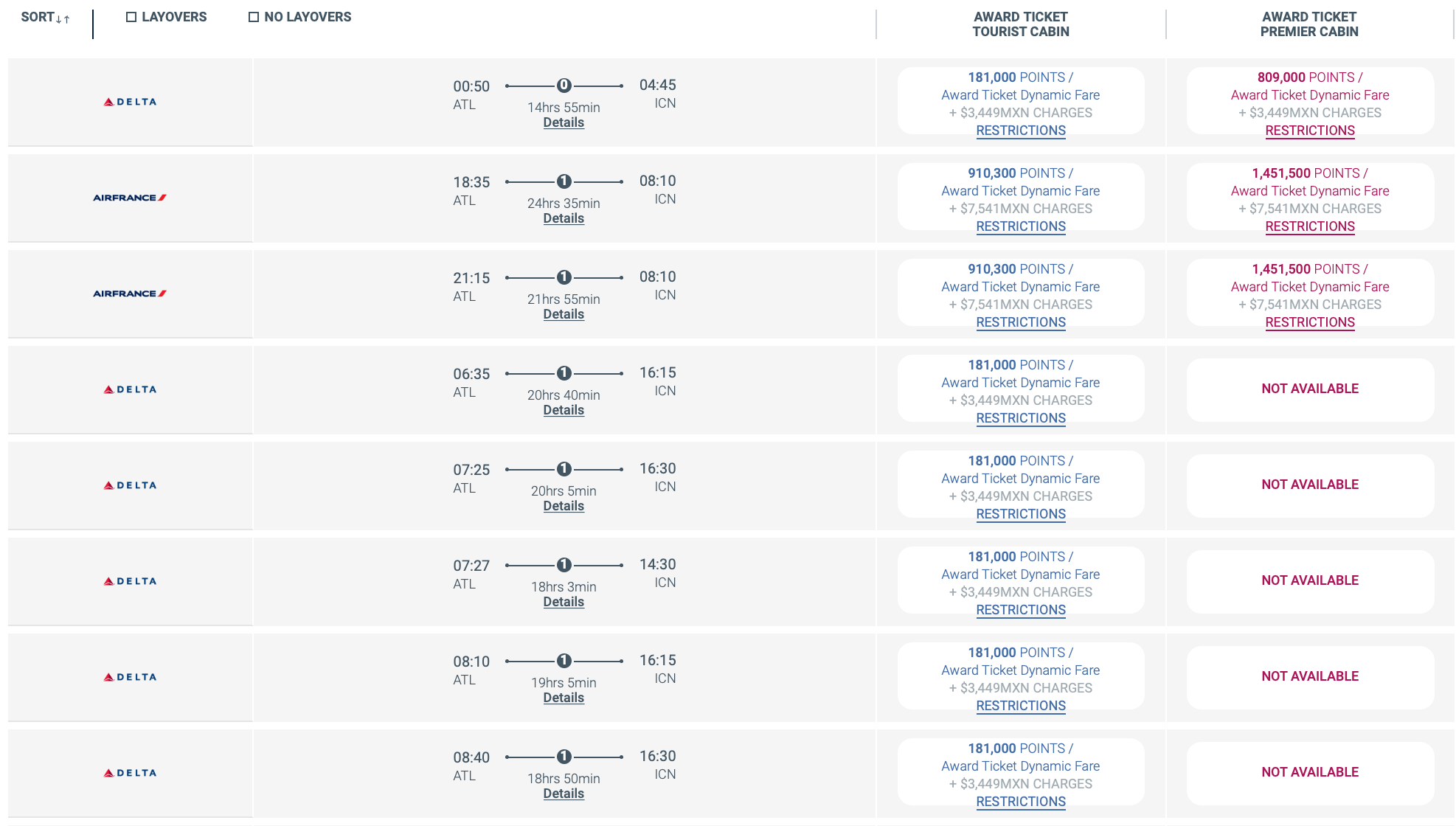 ATL to ICN Premier Club Pricing