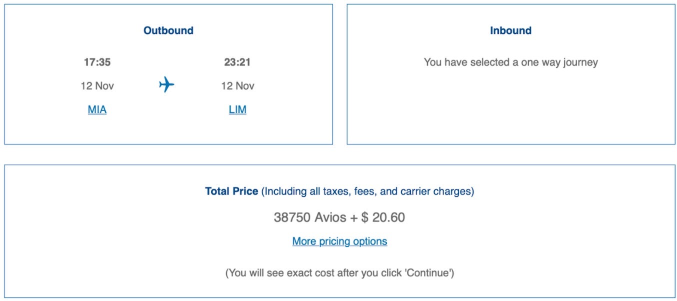 BA Avios MIA-LIM business class