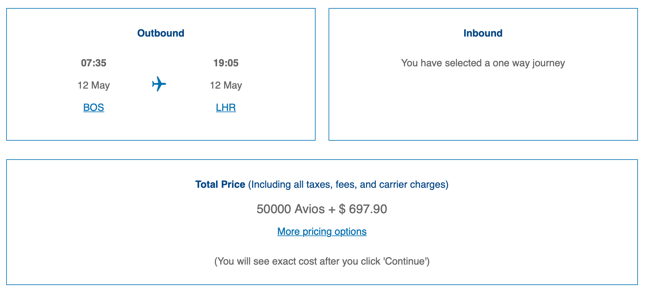 BOS LHR British Airways Avios Pricing on British Airways