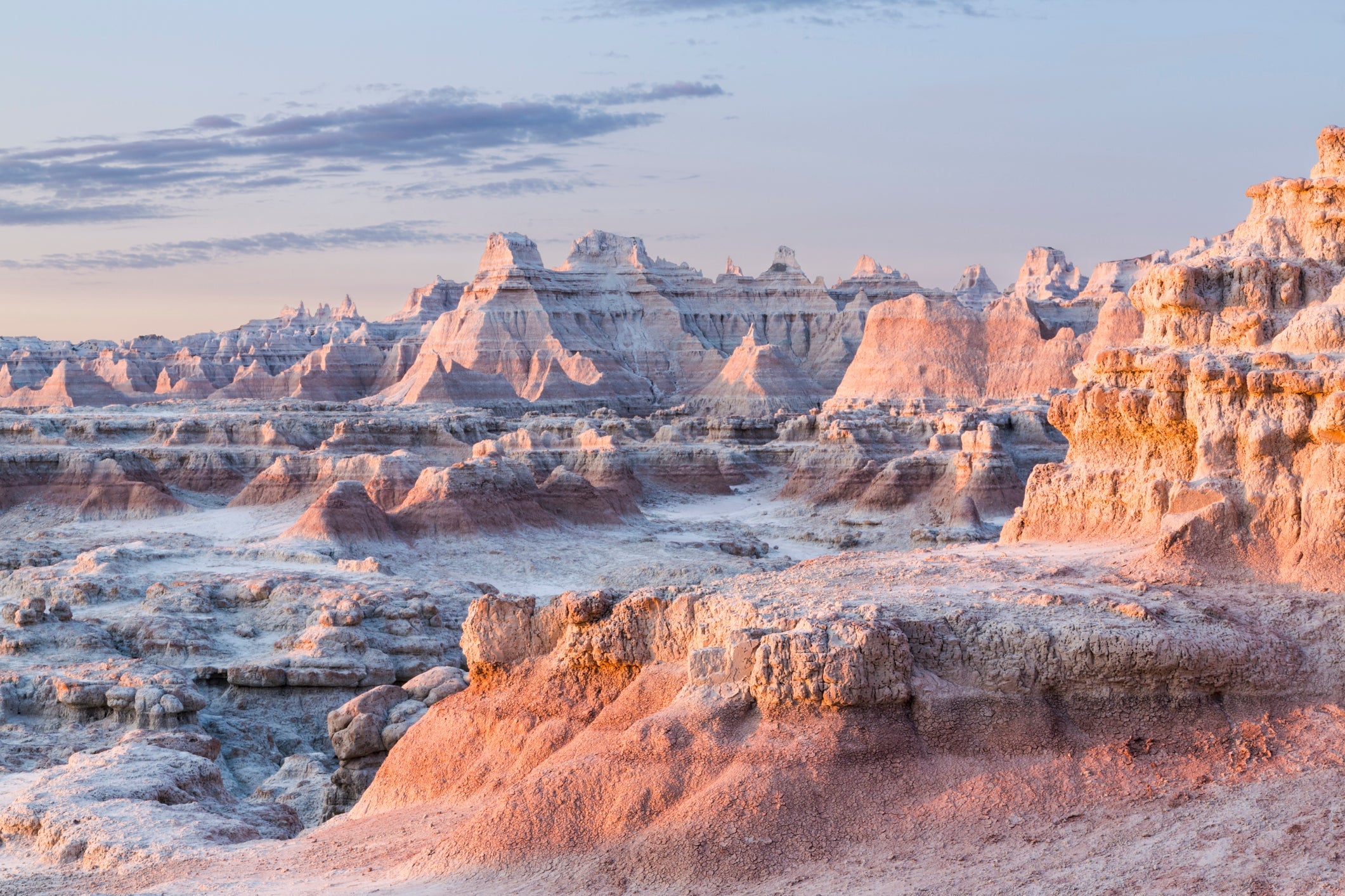 early morning view of the pinnacles at Badlands National Park in South Dakota