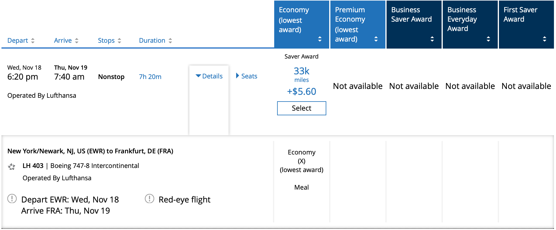 EWR FRA Lufthansa Pricing with United Mileage Plus