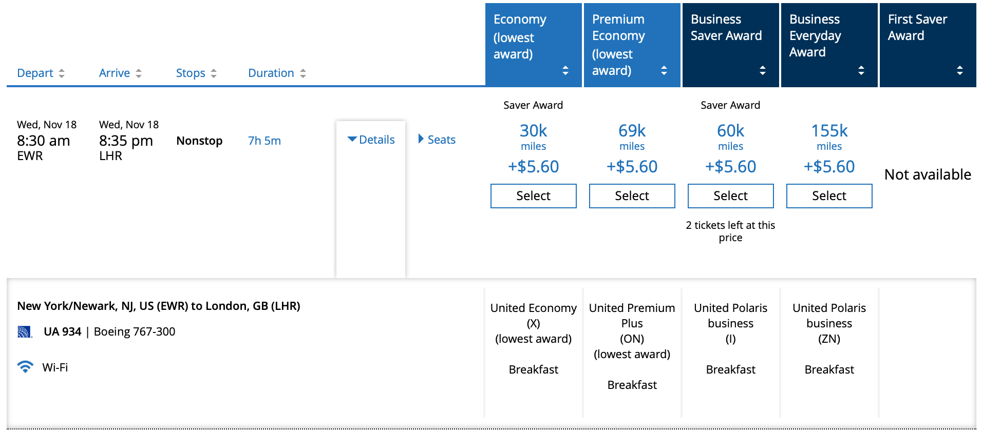 EWR LHR United Mileage Plus Pricing